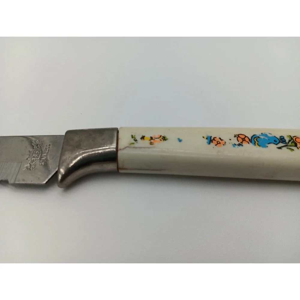 6 VTG Steak Knives Plastic Handle‎ Blue Bird Orange Stainless